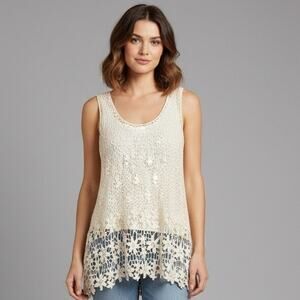 ROOMMATES Women’s Small White Floral Crochet Sleeveless Top Boho Beach Resort